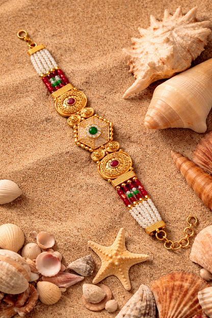 Royal Pearl Beaded Gold Bracelet with Ruby & Emerald Center Design