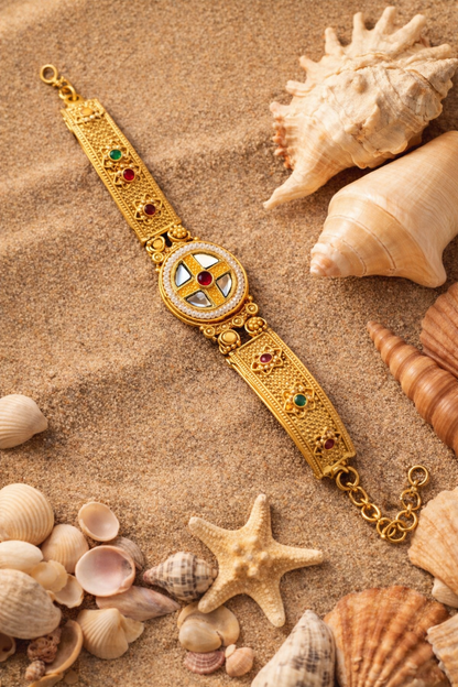 Classic Heritage Gold Bracelet with Kundan & Ruby-Emerald Accents