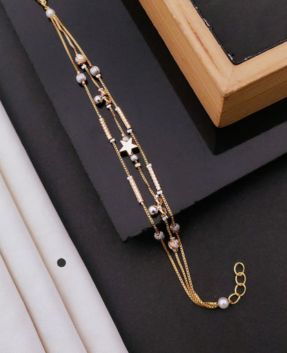 Stylish Dual-Tone Star Charm Beaded Multi-Layer Adjustable Bracelet for Women