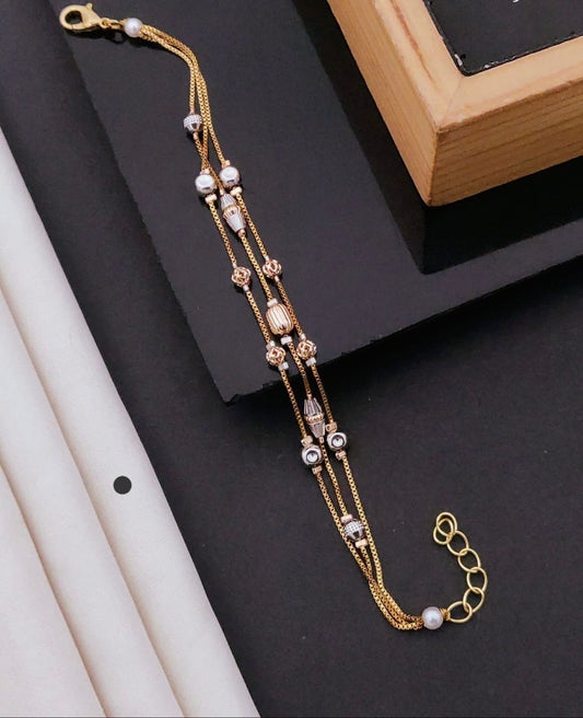 Elegant Dual-Tone Floral Beaded Multi-Layer Adjustable Bracelet for Women