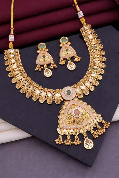 Royal Antique Gold Kundan Triangle Pendant Necklace Set with Earrings