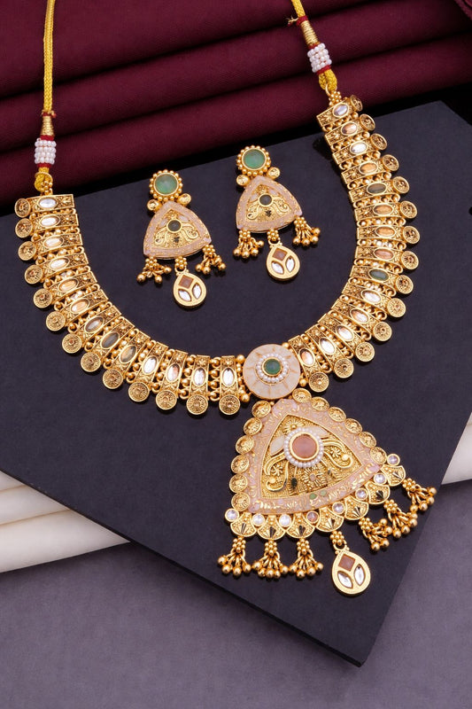 Royal Antique Gold Kundan Triangle Pendant Necklace Set with Earrings
