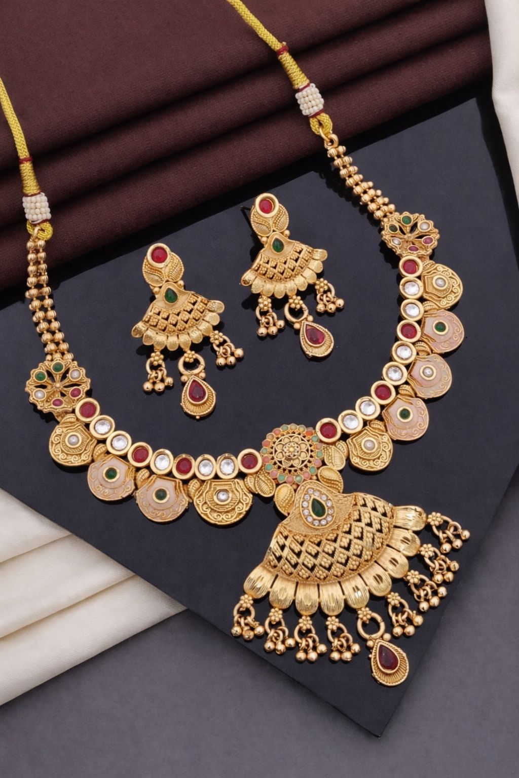 Royal Antique Gold Kundan Temple Pendant Necklace Set with Earrings