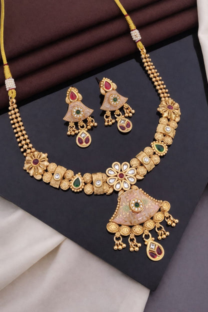 Floral Antique Gold Kundan Pendant Necklace Set with Earrings