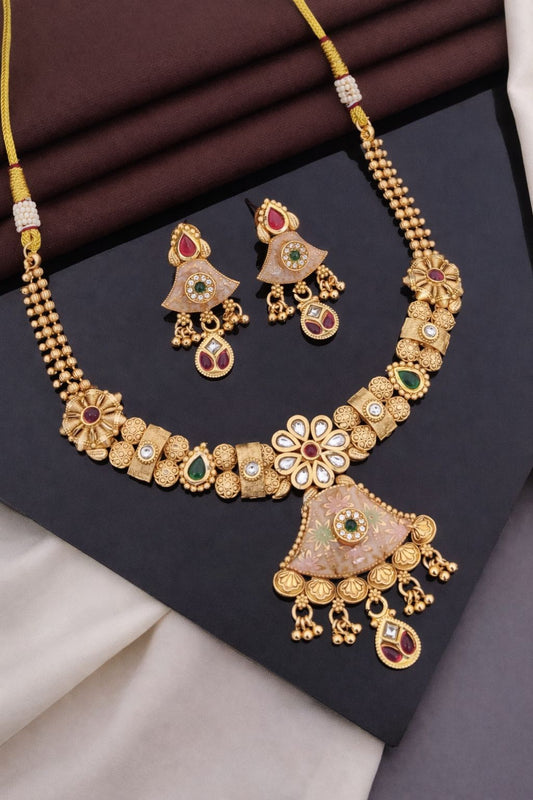 Floral Antique Gold Kundan Pendant Necklace Set with Earrings