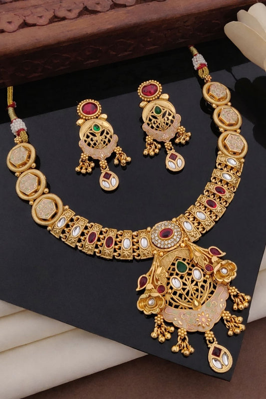Royal Antique Gold Kundan Filigree Pendant Necklace Set with Earrings