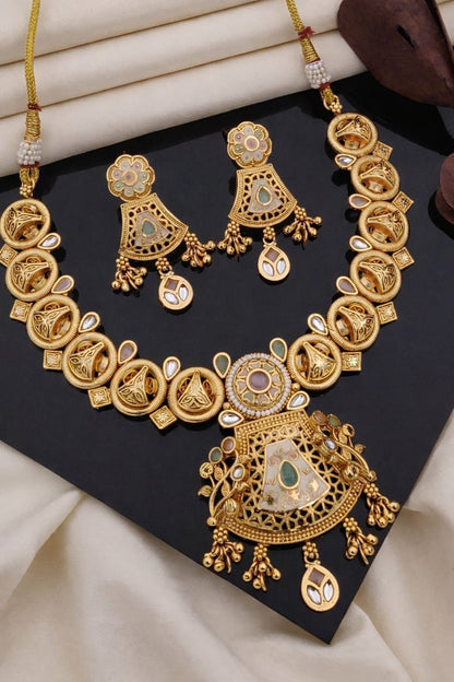 Royal Antique Gold Temple Style Pendant Necklace Set with Earrings