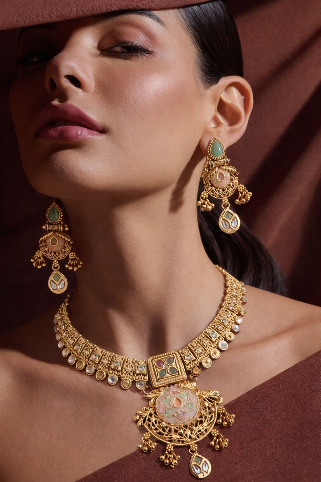 Elegant Antique Gold Filigree Kundan Pendant Necklace Set with Earrings