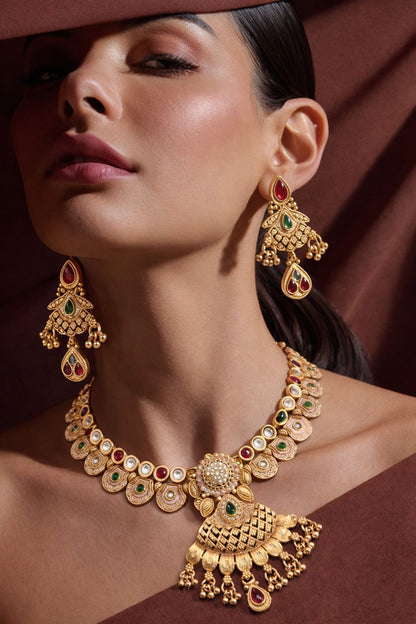Royal Antique Gold Kundan Temple Pendant Necklace Set with Earrings