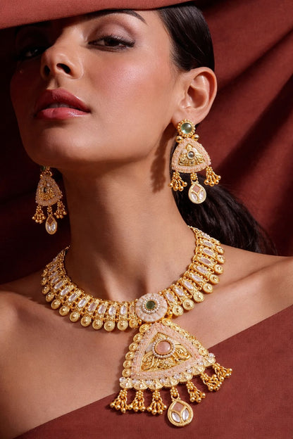 Royal Antique Gold Kundan Triangle Pendant Necklace Set with Earrings