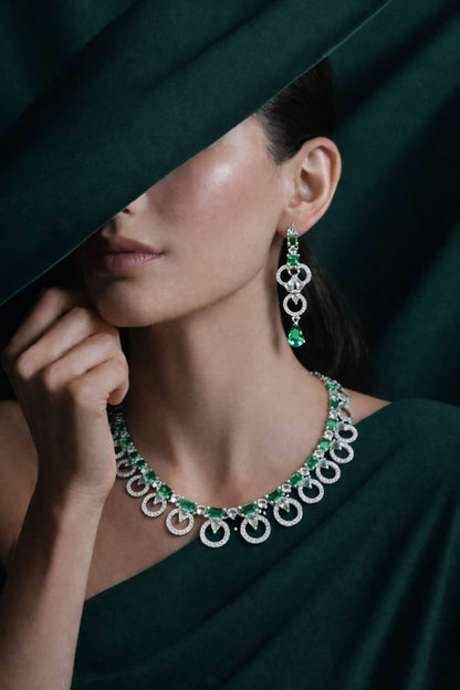 Elegant Emerald Green Crystal Designer Necklace Set with Long Earrings