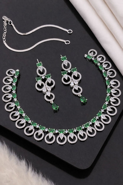 Elegant Emerald Green Crystal Designer Necklace Set with Long Earrings