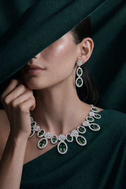 Royal Emerald Green Oval Crystal Floral Necklace Set with Long Earrings