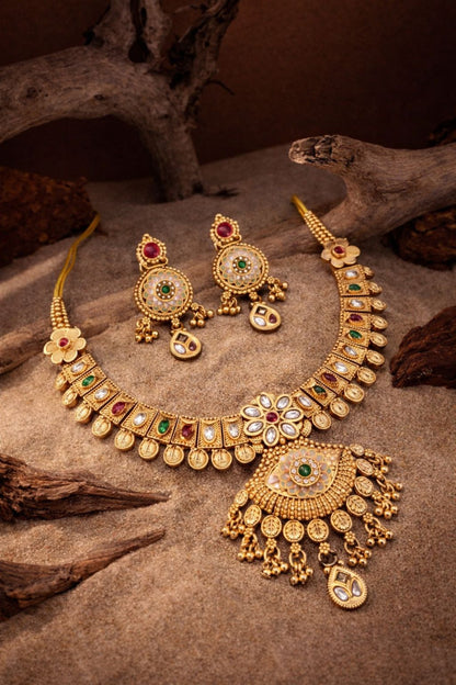 Traditional Kundan Floral Pendant Necklace Set with Earrings