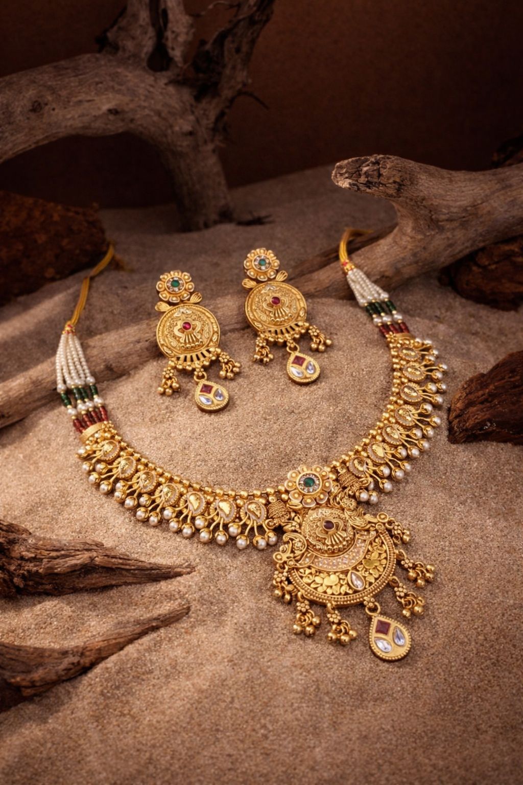 Royal Antique Gold Kundan Pearl Necklace Set with Earrings