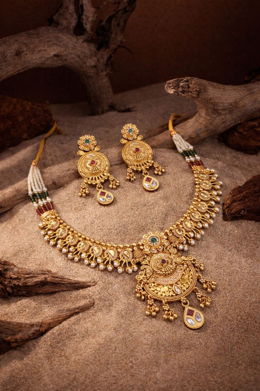 Royal Antique Gold Kundan Pearl Necklace Set with Earrings