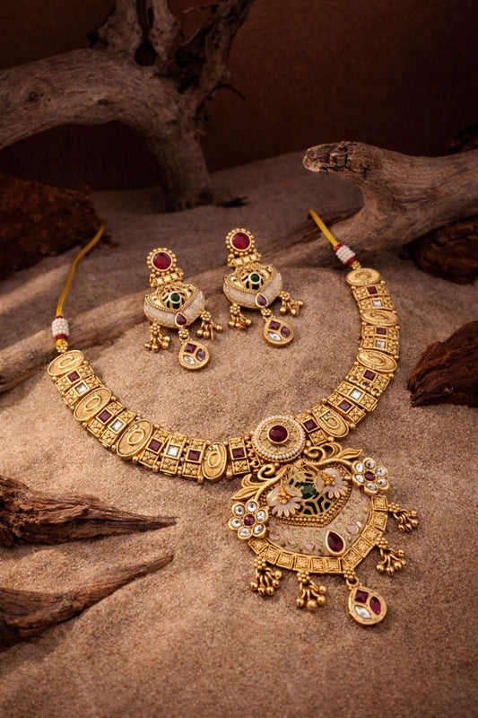 Royal Kundan Antique Gold Pendant Necklace Set with Earrings
