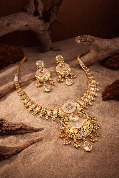 Elegant Pastel Kundan Antique Gold Pendant Necklace Set with Earrings