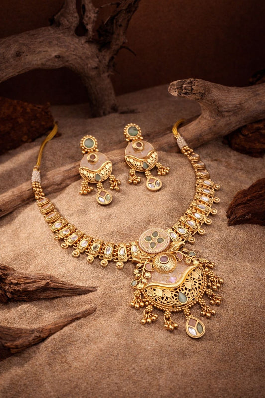 Elegant Pastel Kundan Antique Gold Pendant Necklace Set with Earrings
