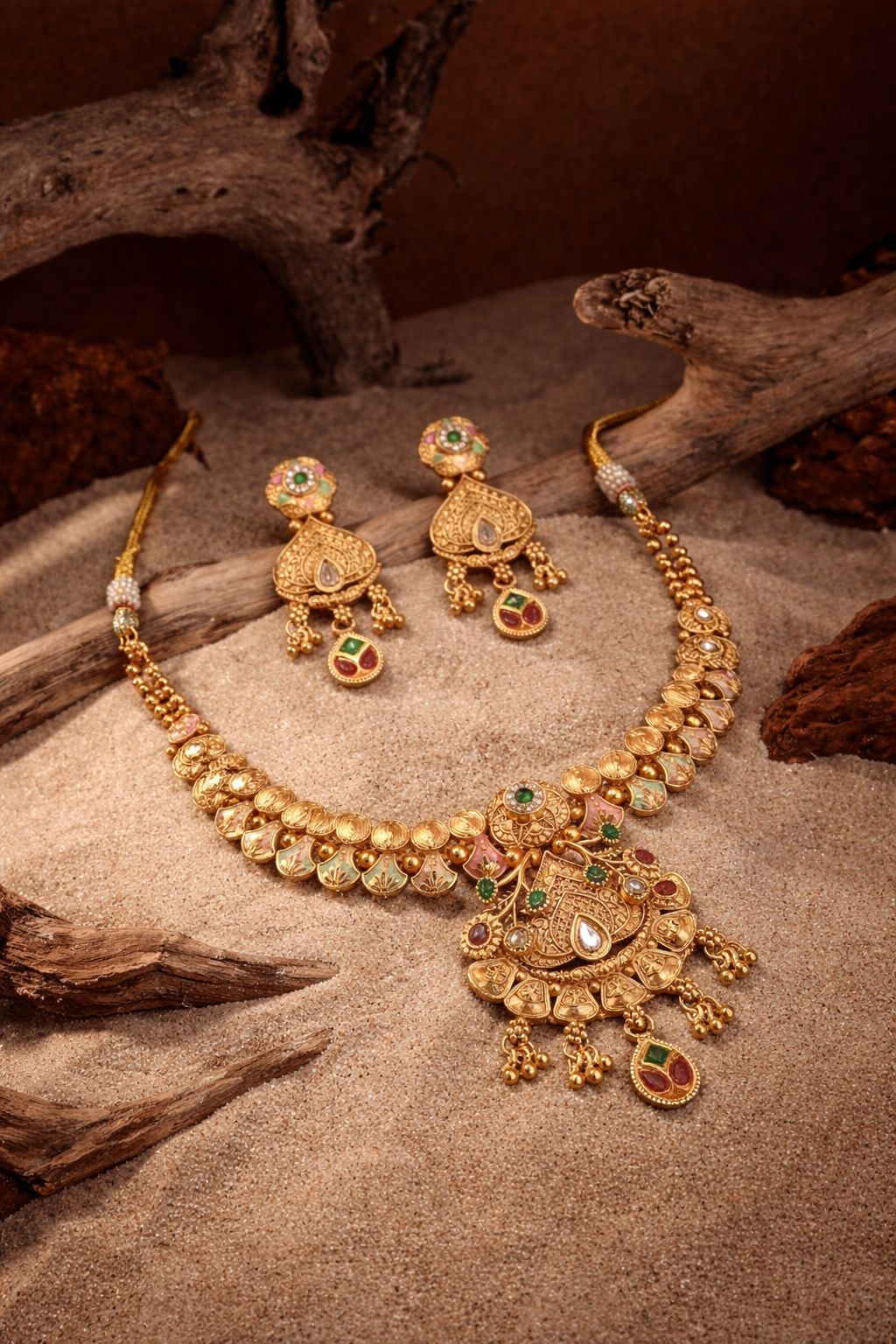 Royal Antique Gold Floral Kundan Pendant Necklace Set with Earrings