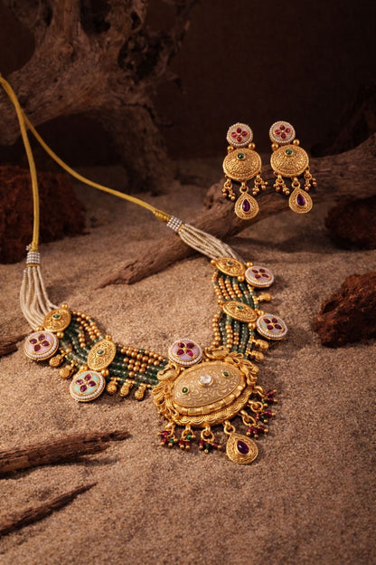 Royal Beaded Antique Gold Kundan Pendant Necklace Set with Earrings