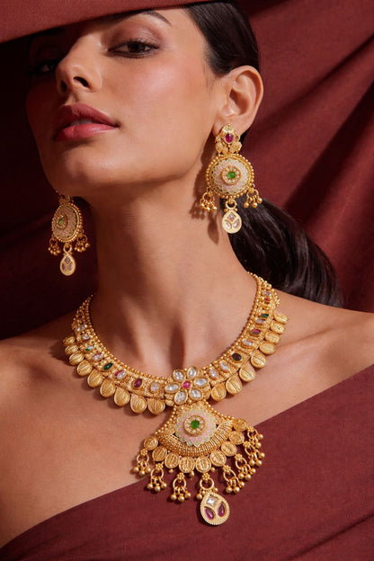 Traditional Kundan Floral Pendant Necklace Set with Earrings
