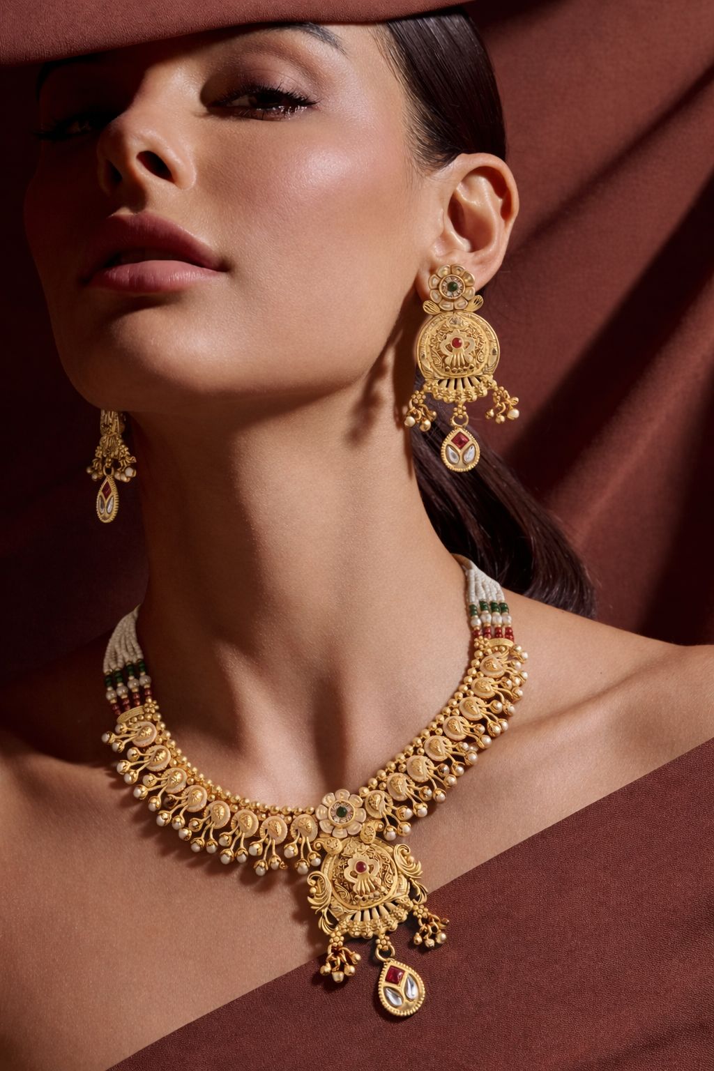 Royal Antique Gold Kundan Pearl Necklace Set with Earrings
