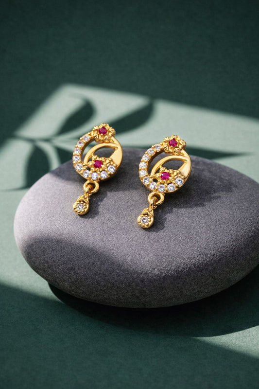 Elegant Gold Floral Drop Earrings with CZ & Ruby Stone