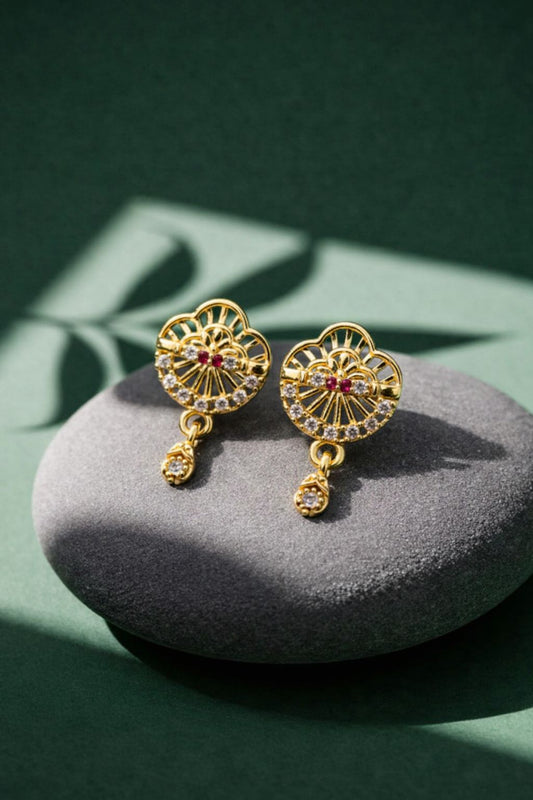 Elegant Gold Heart Floral Drop Earrings with CZ Stones