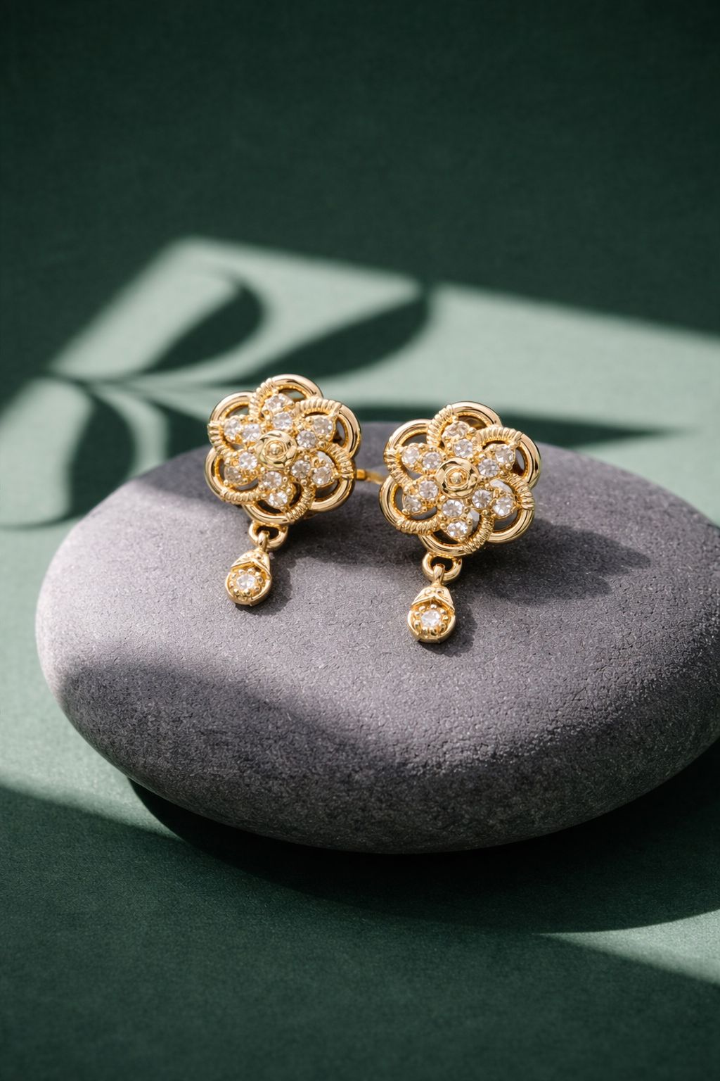 Elegant Gold Floral Drop Earrings with Sparkling CZ Stones