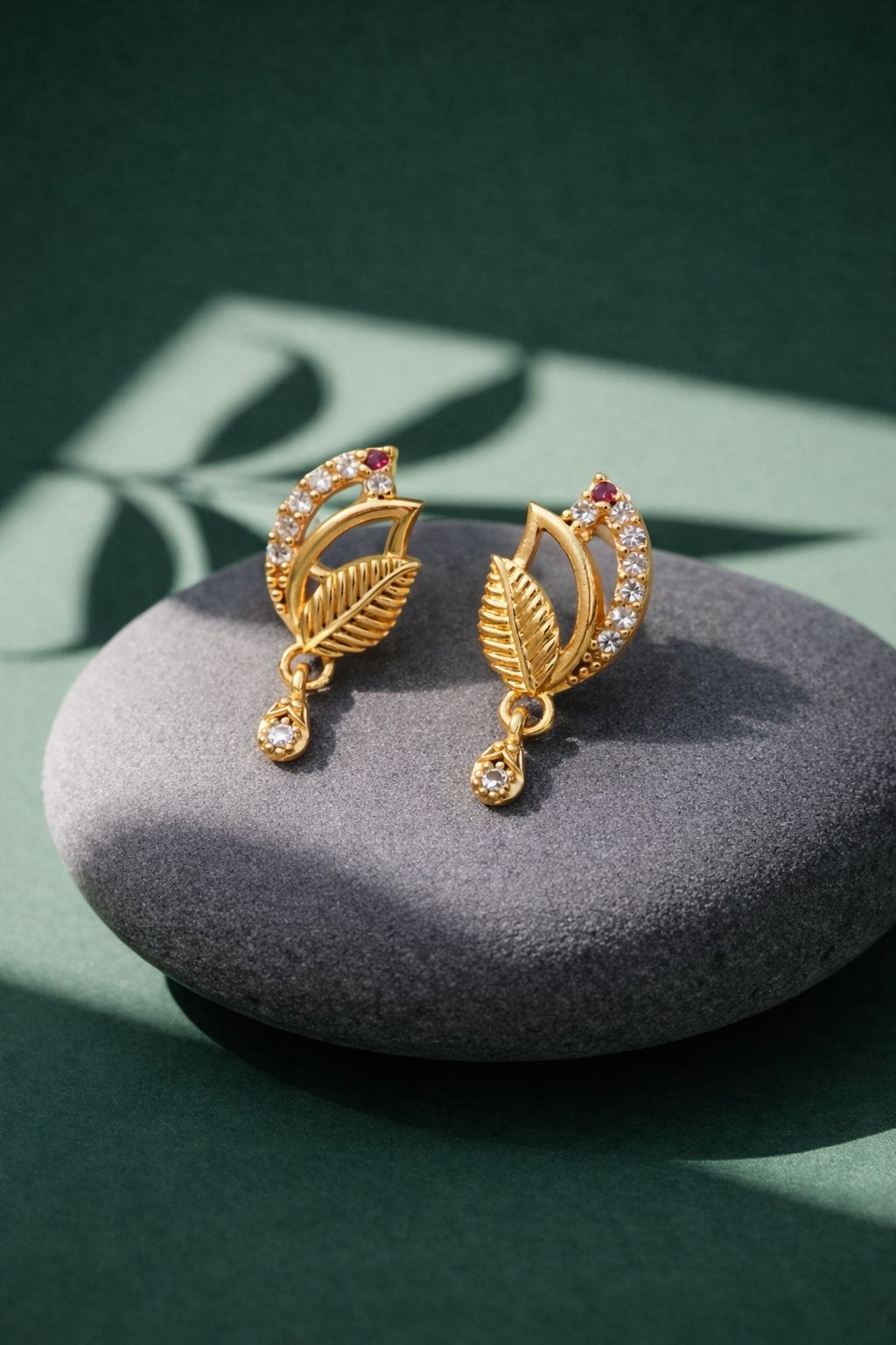 Elegant Gold Leaf Drop Earrings with CZ Stones