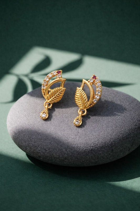 Elegant Gold Leaf Drop Earrings with CZ Stones