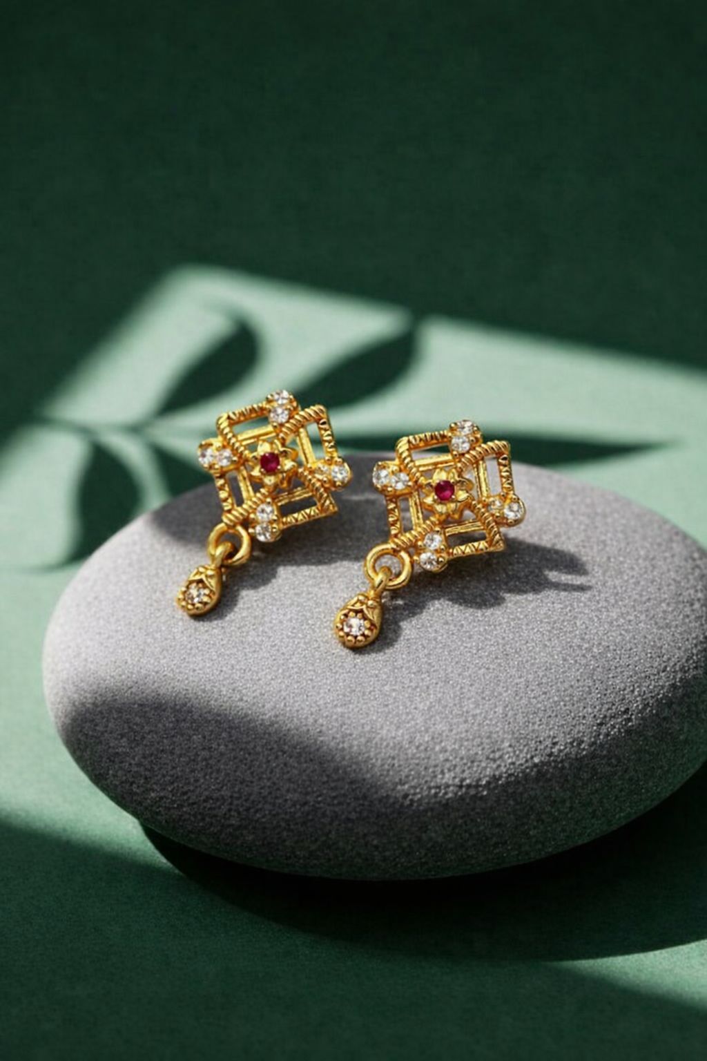 Elegant Gold Square Floral Drop Earrings with CZ Stones