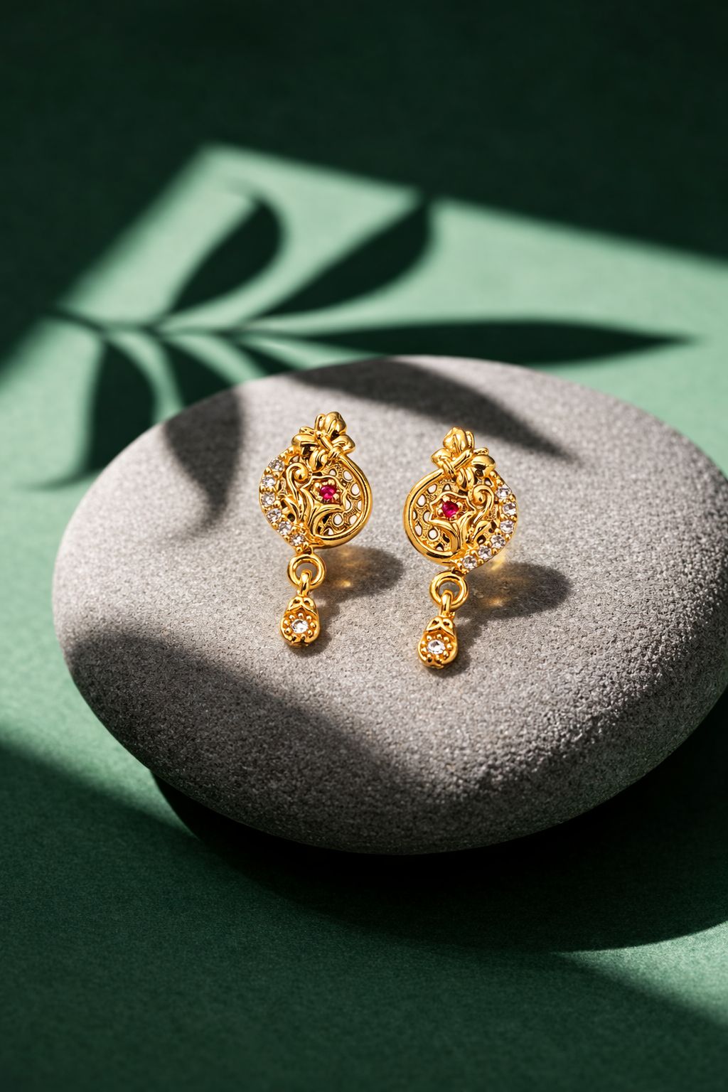 Elegant Gold Peacock Floral Drop Earrings with CZ Stones
