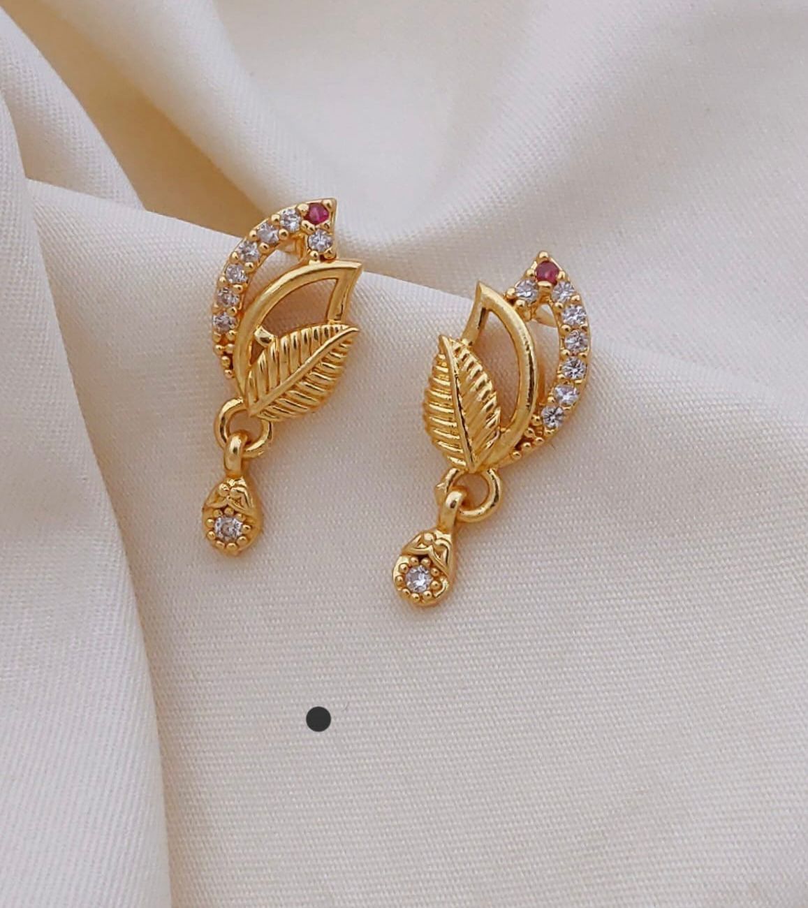 Elegant Gold Leaf Drop Earrings with CZ Stones