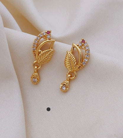 Elegant Gold Leaf Drop Earrings with CZ Stones