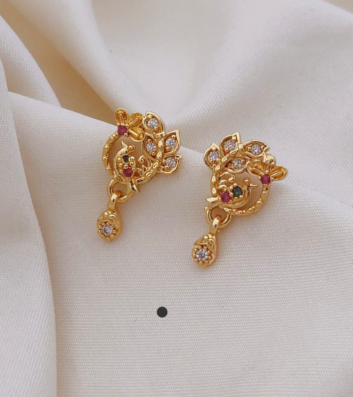 Traditional Peacock Floral Gold Drop Earrings with CZ Stones