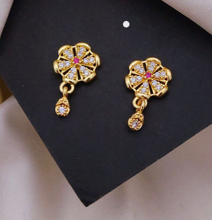 Traditional Gold Floral Drop Earrings with CZ Stones