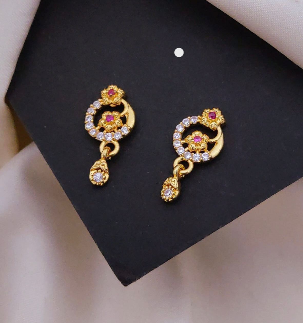 Elegant Gold Floral Drop Earrings with CZ & Ruby Stone