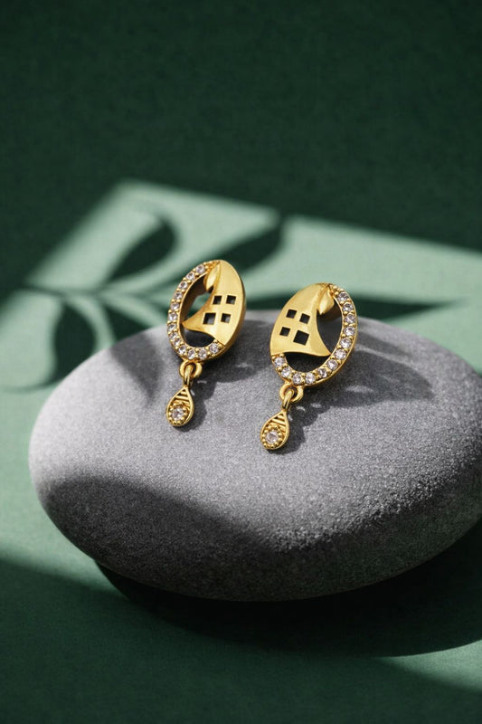 Stylish Gold Oval Drop Earrings with CZ Stones