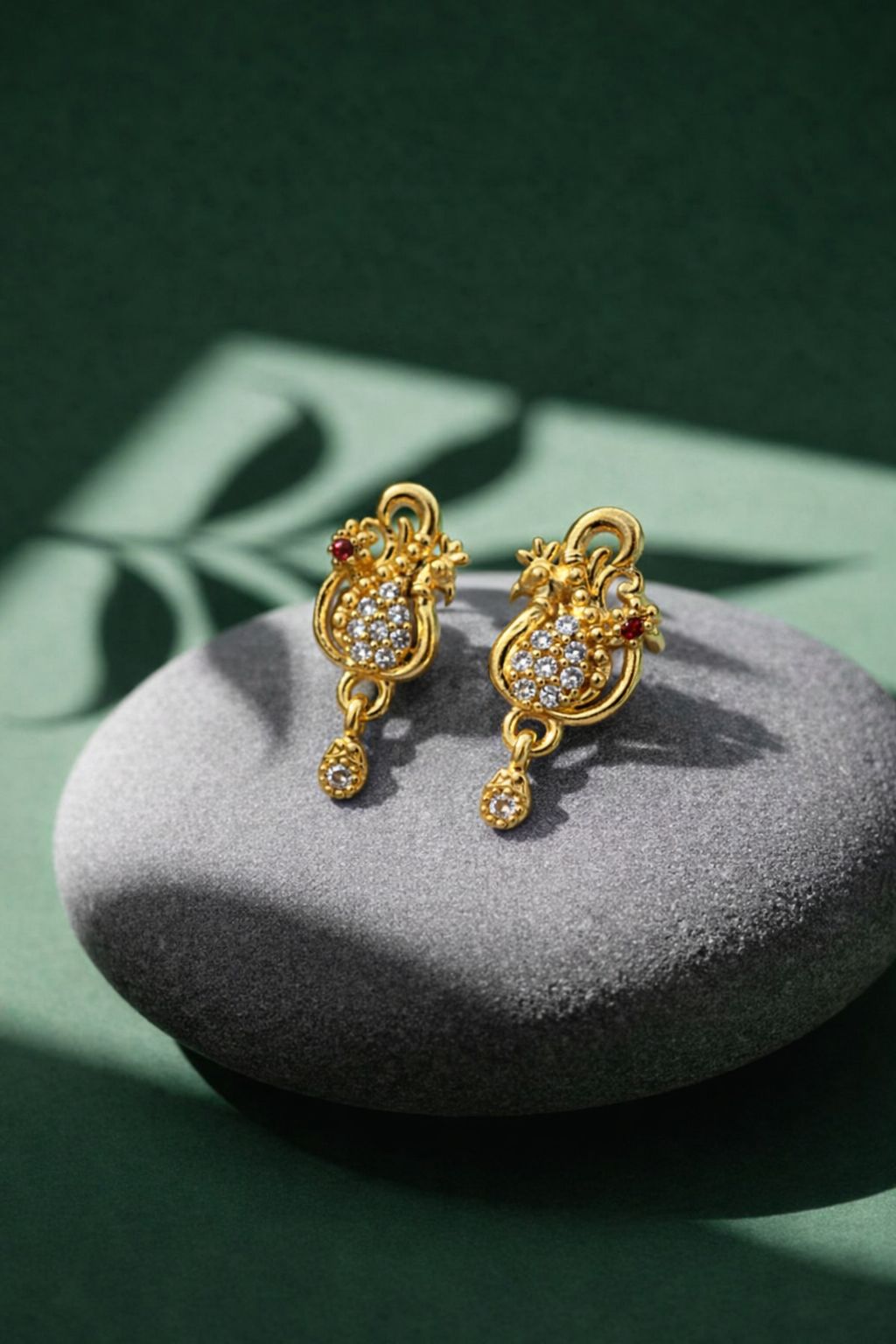Traditional Gold Peacock Drop Earrings with CZ Stones
