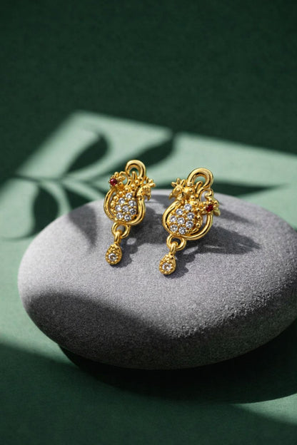 Traditional Gold Peacock Drop Earrings with CZ Stones