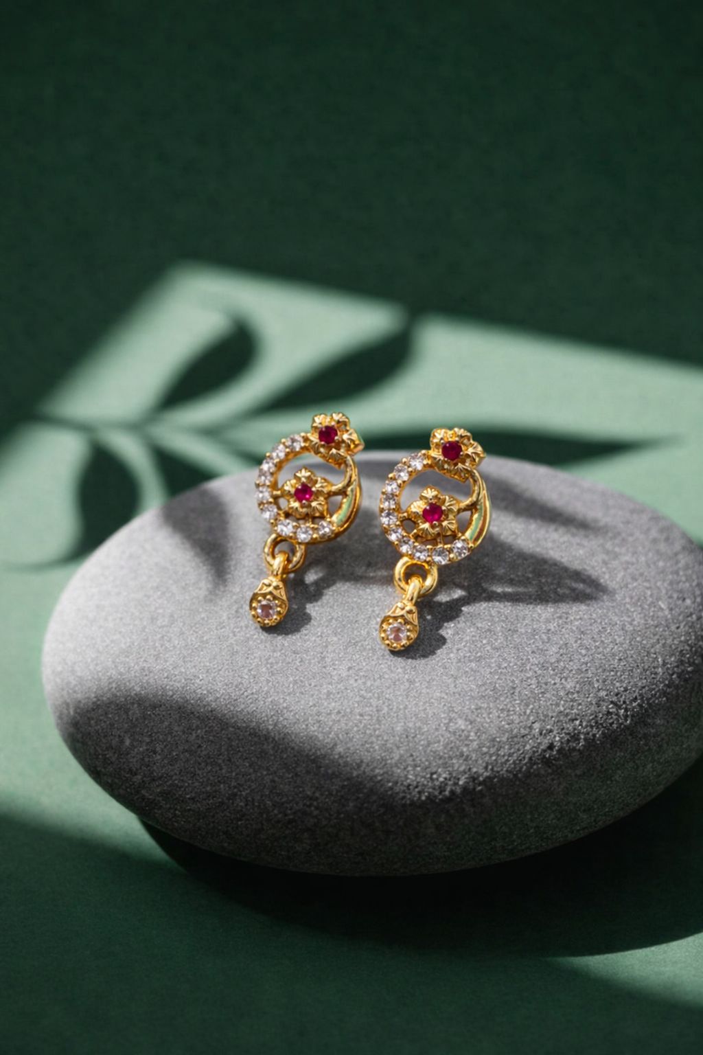 Elegant Gold Floral CZ Drop Earrings with Ruby Accent