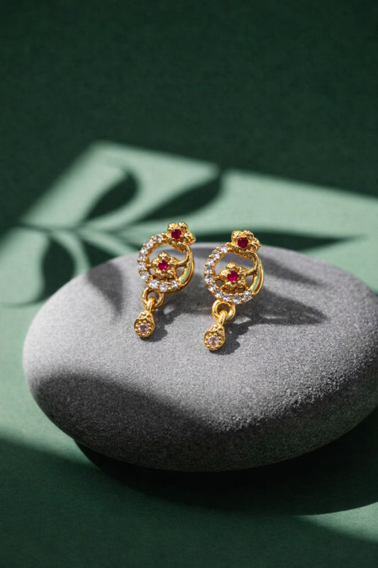 Elegant Gold Floral CZ Drop Earrings with Ruby Accent
