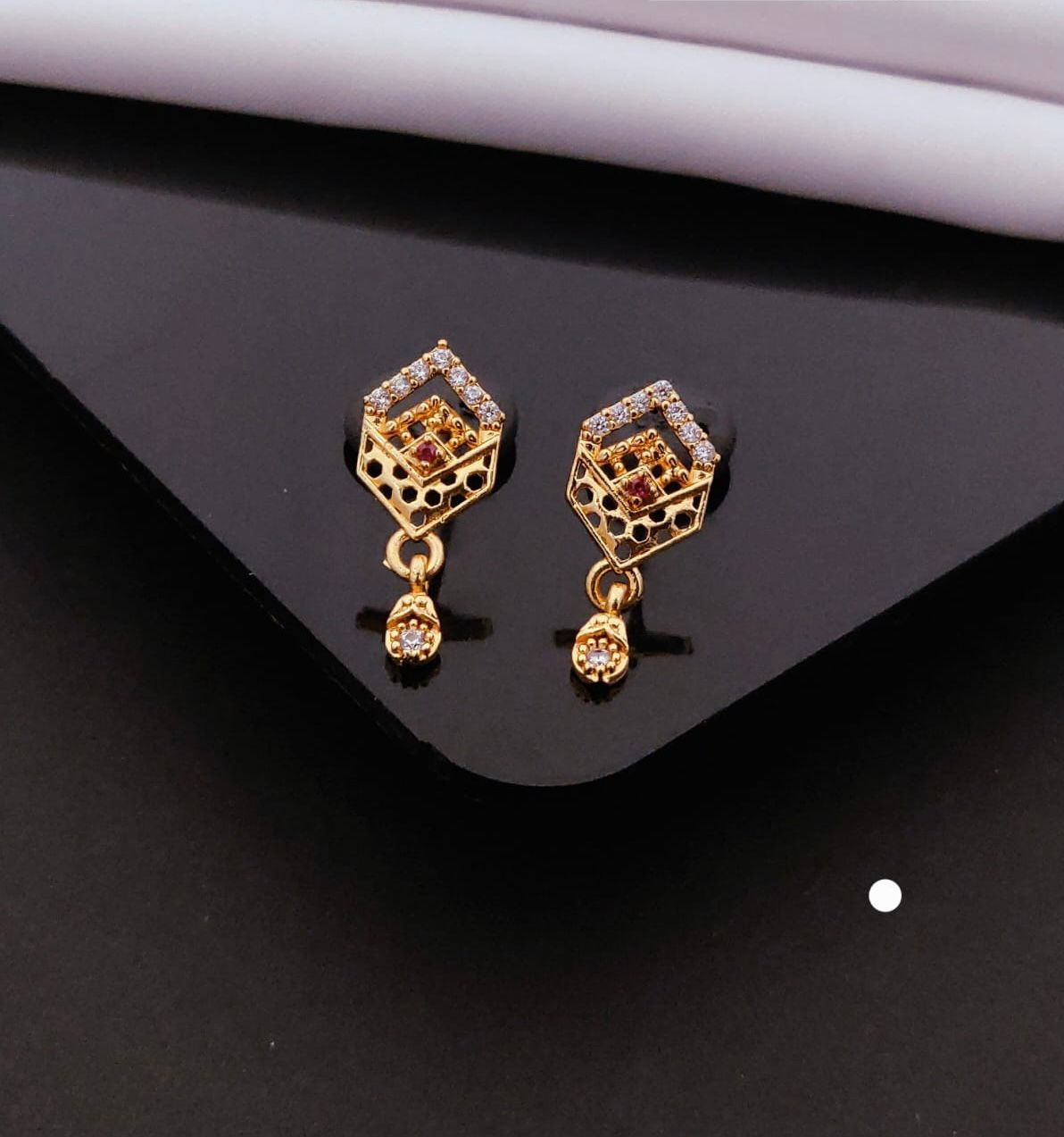 Stylish Gold Hexagon CZ Drop Earrings with Ruby Accent