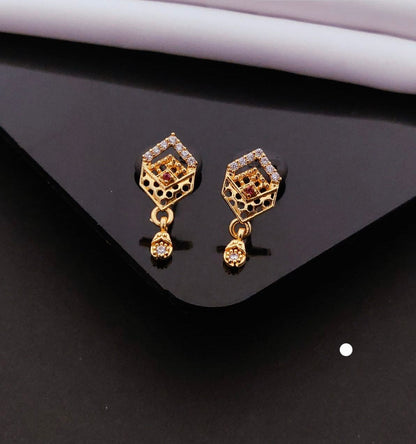 Stylish Gold Hexagon CZ Drop Earrings with Ruby Accent