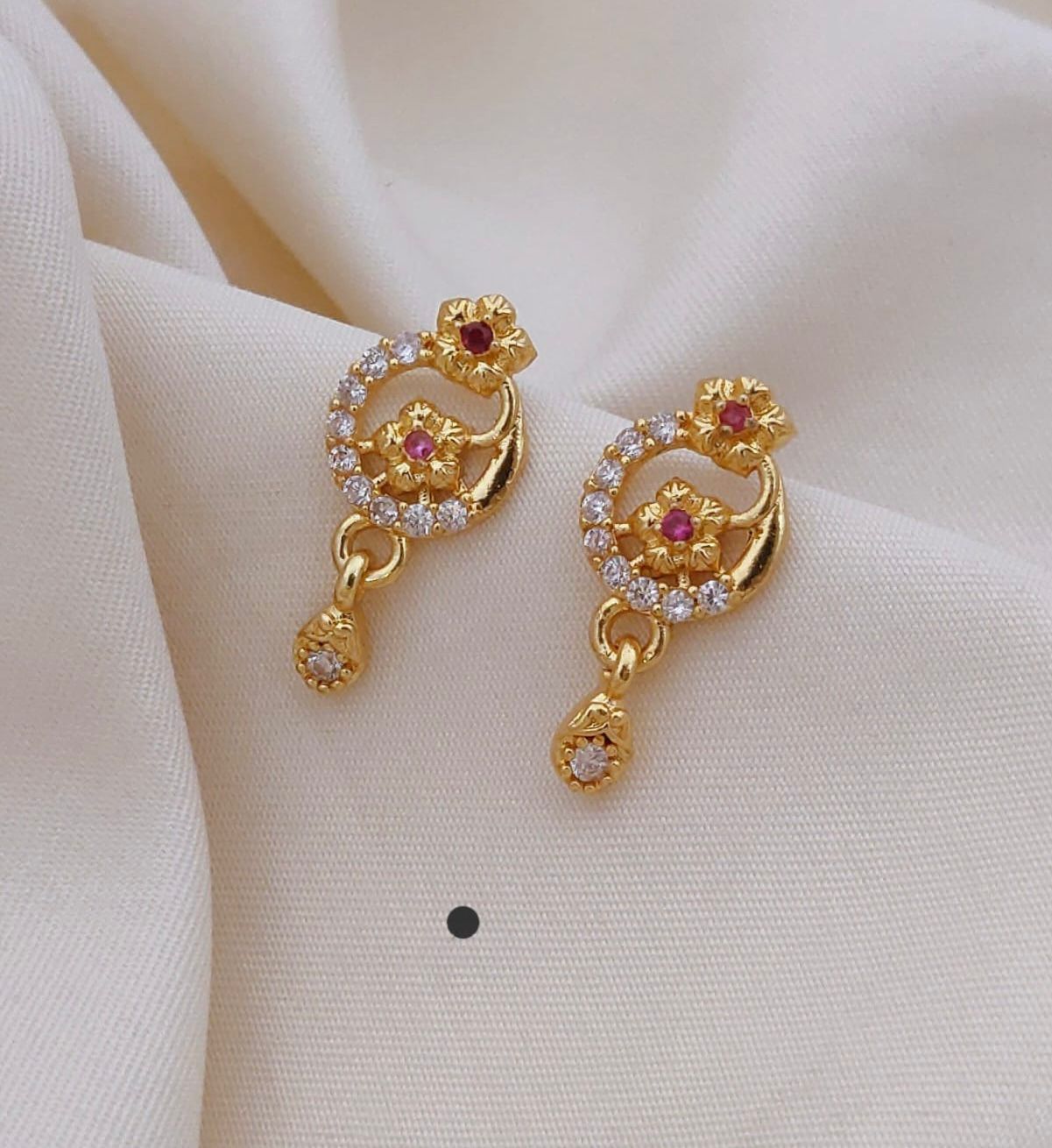 Elegant Gold Floral CZ Drop Earrings with Ruby Accent