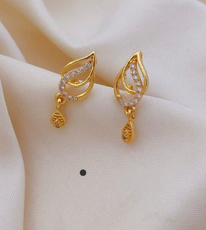 Elegant Gold Leaf Drop Earrings with Sparkling CZ Stones