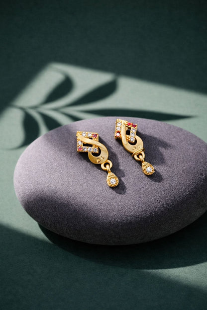 Elegant Gold Geometric CZ Drop Earrings with Ruby Accent
