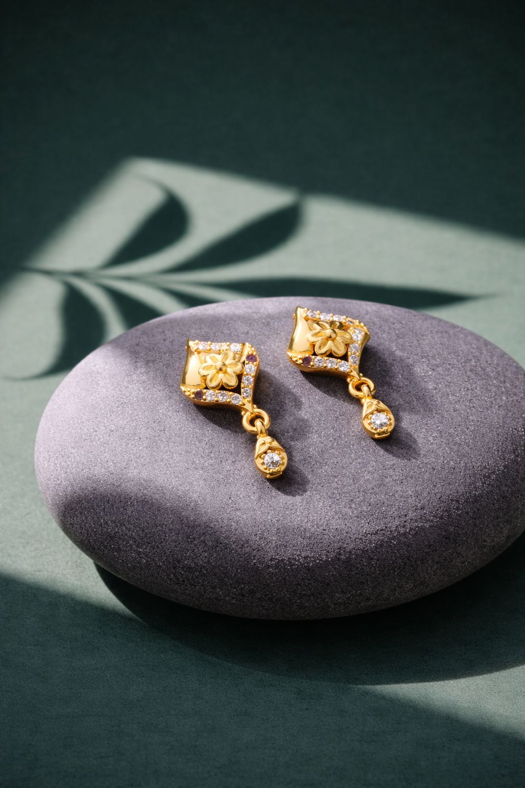 Elegant Gold Floral CZ Drop Earrings with Ruby Accent